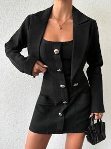 EURMUSE Women Plain Minimalist Casual Long Sleeve Jacket, Sleeveless Dress, Suit Set - Black - View 3