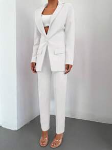 EURMUSE Solid Blazer & Slant Pocket Belted Suit Pants - White - View 2