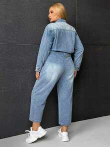 CovetEZ Hơn Dây kéo Túi nghiêng Denim Áo liền quần - Rửa nhẹ - Xem 2