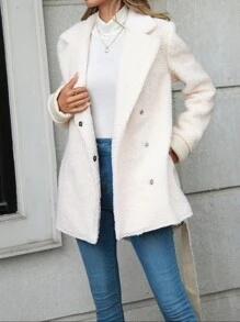 SHEIN Clasi Lapel Neck Belted Teddy Coat