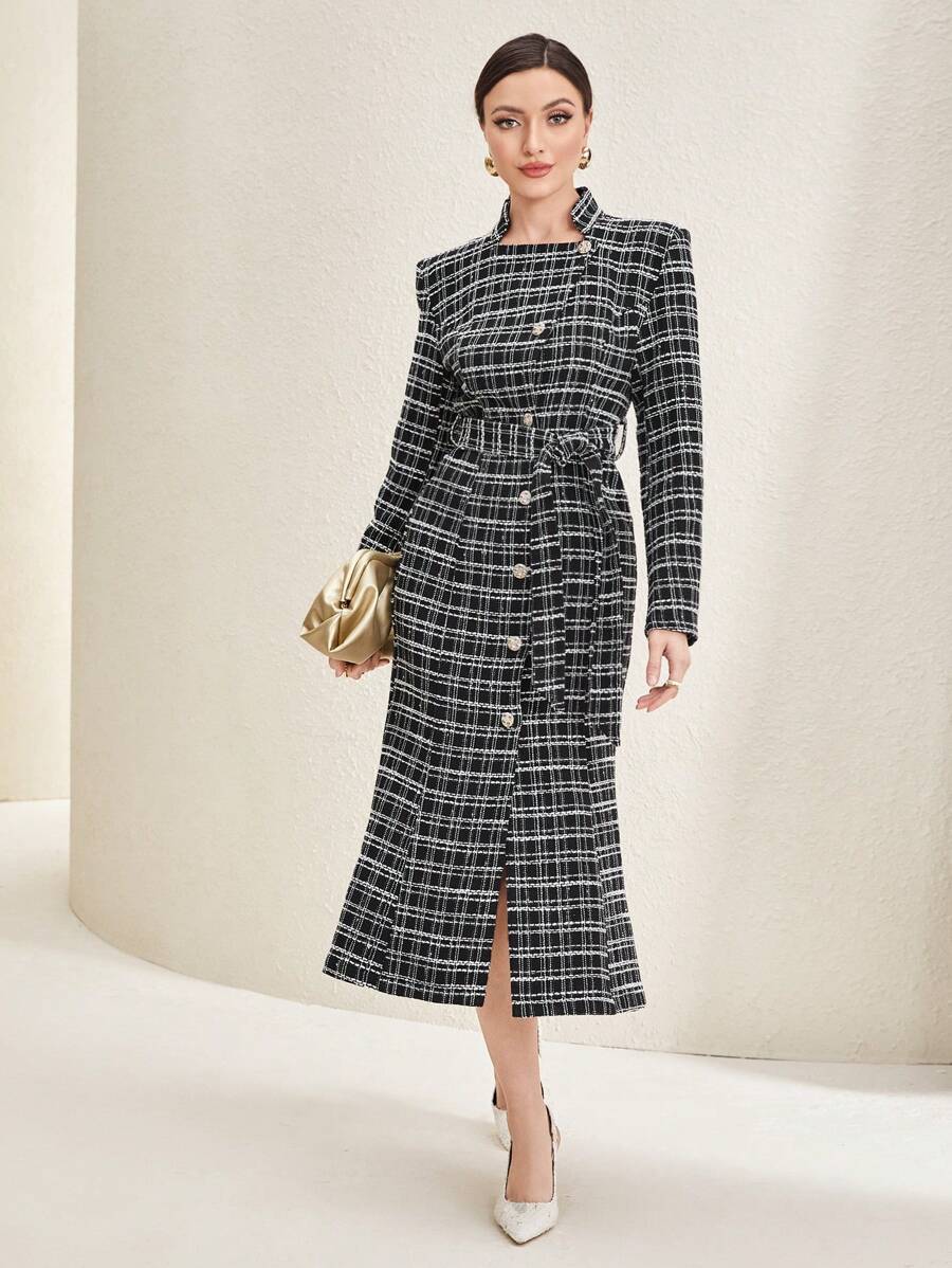 Modelyn Plaid Pattern Belted Tweed Dress - Multicolor - View 1