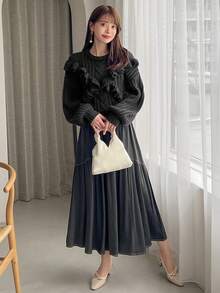 FRIFUL 荷葉邊落肩袖套頭毛衣 - 深灰色 - 查看 5