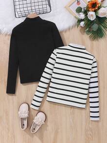 SHEIN Cô gái Tween 2 Miếng Chất rắn In sọc Cổ giả Áo thun - Đen và trắng - Xem 2