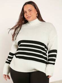 SHEIN BASICS 大碼條紋拼接圖案小高領落肩袖套頭毛衣 - 黑與白 - 查看 6