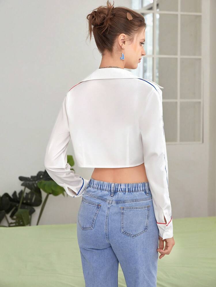 Contrast Piping Button Front Crop Shirt