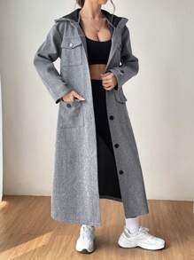 SHEIN EZwear 翻蓋口袋前紐扣連帽花呢外套 - 灰色 - 查看 4