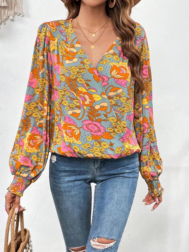 Floral Print Surplice Neck Lantern Sleeve Blouse