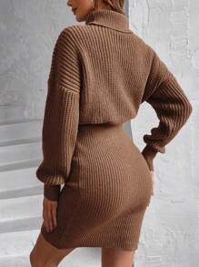 EMERY ROSE Turtleneck Drop Shoulder Ribbed Knit Sweater Dress Fall Winter Cloth For Women - Chocolate Brown - View 2