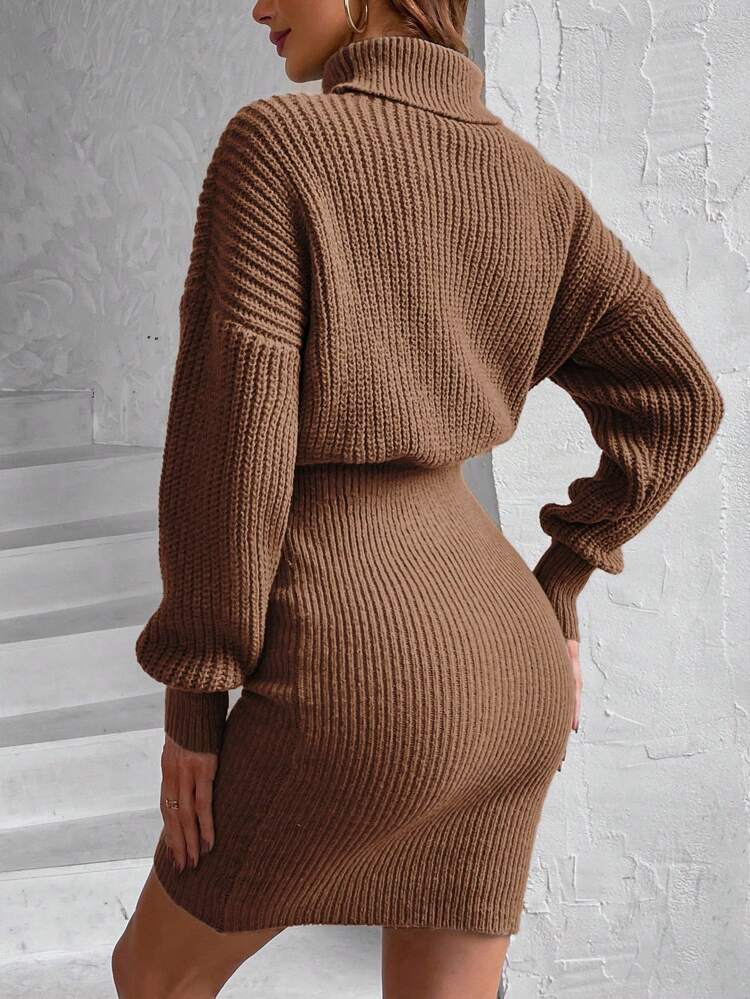 Turtleneck Drop Shoulder Ribbed Knit Sweater Dress Fall Winter Cloth For Women