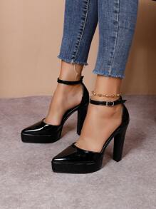 Fall/Winter Women's Pointed Toe Waterproof Platform Shiny Surface Chunky High Heel Pump,Elegant - Black - View 5