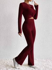 SHEIN Frenchy 前扭結T恤&喇叭褲