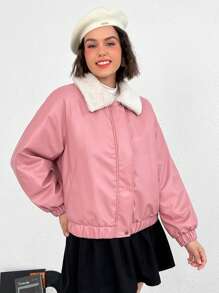 SHEIN EZwear Plus Borg Collar Raglan Sleeve Zip Up Jacket