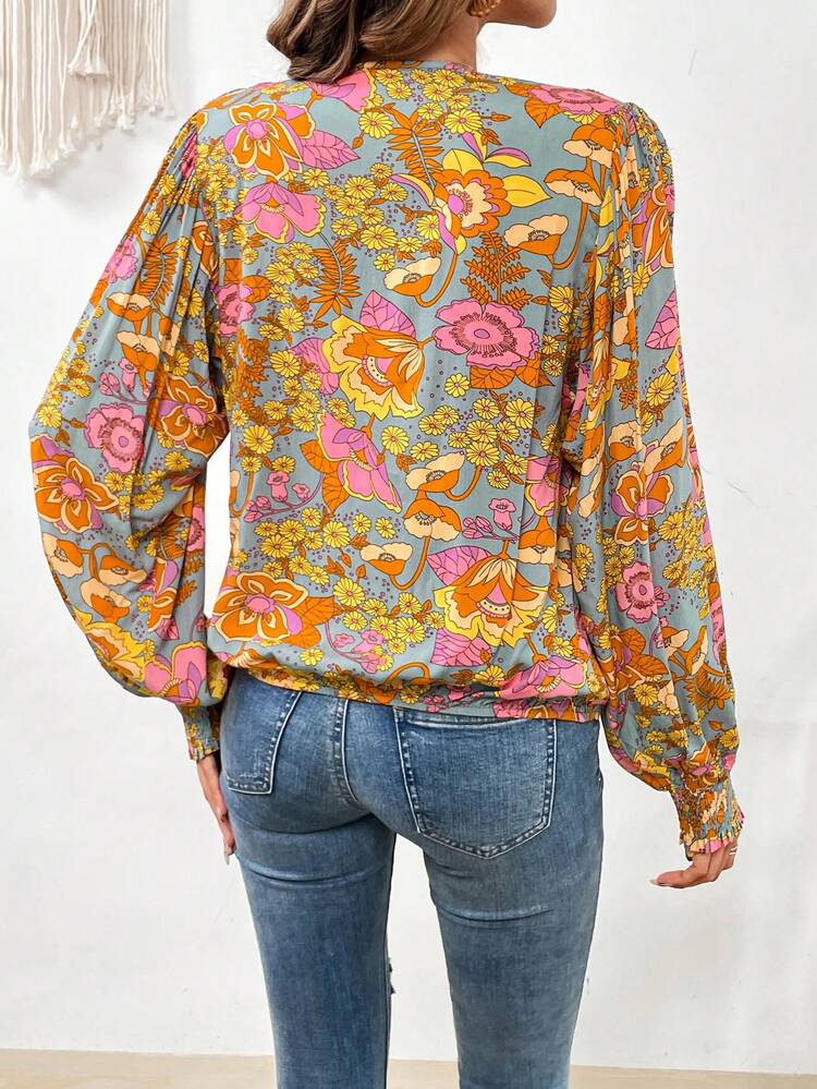 Floral Print Surplice Neck Lantern Sleeve Blouse