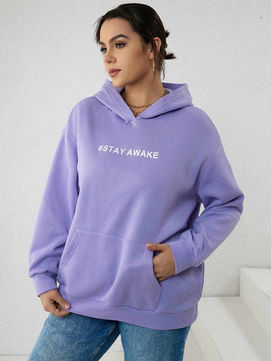 SHEIN EZwear Plus Size Letter Graphic Kangaroo Pocket Drop Shoulder Sweatshirt - Purple - View 1