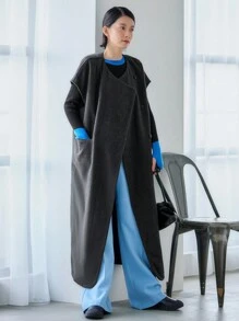 FRIFUL Solid Slant Pocket Wrap Overcoat