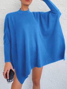 RueChic Pull à col montant fendu manches chauve-souris - Bleu azur - Voir 3