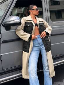 EURMUSE Two Tone Flap Pocket Belted Trench Coat - Beige - View 3