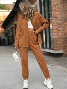 SHEIN LUNE Drop Shoulder Corduroy Shirt & Pants - Khaki - View 3