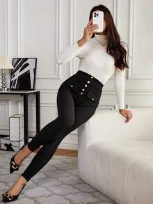 SHEIN Frenchy 前紐扣翻蓋細節緊身打底褲 - 黑色 - 查看 6