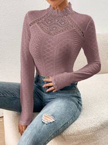 SHEIN Frenchy Guipure Lace Insert Mock Neck Eyelet Embroidery Bodysuit - Dusty Pink - View 5