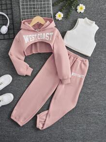 SHEIN Leap Crew Bộ 3 chiếc/Bộ áo nỉ chui đầu in chữ màu trơn cho bé gái tuổi mới lớn + áo ba lỗ dệt kim màu trơn + quần ống rộng dệt kim dày dặn - Hồng - Xem 1