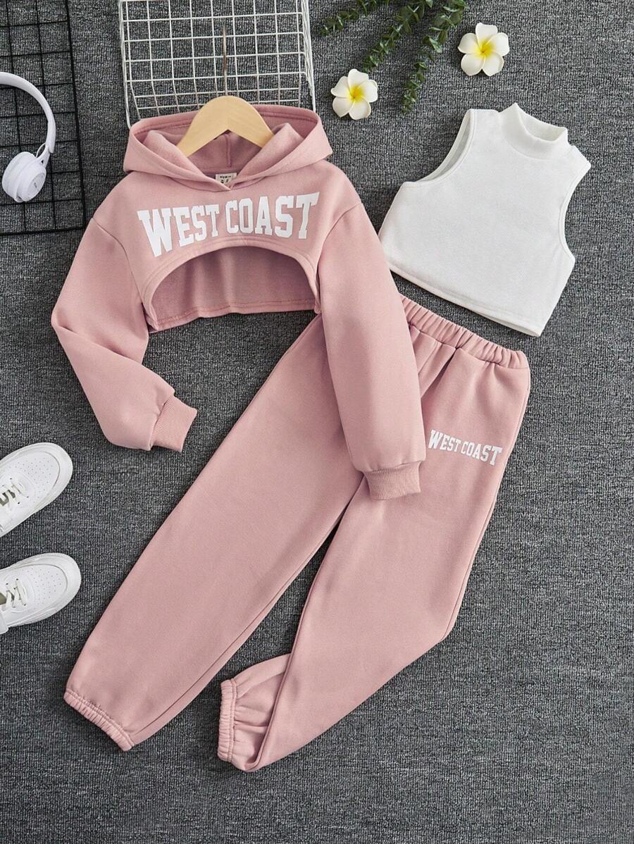 SHEIN Leap Crew Bộ 3 chiếc/Bộ áo nỉ chui đầu in chữ màu trơn cho bé gái tuổi mới lớn + áo ba lỗ dệt kim màu trơn + quần ống rộng dệt kim dày dặn - Hồng - Xem 1