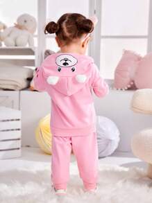 女嬰撞色袋鼠口袋連帽衫和運動褲 - 粉色 - 查看 2