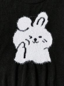 SHEIN Qutie 大碼兔子圖案落肩袖套頭毛衣 - 黑與白 - 查看 5
