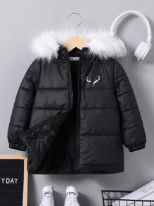 SHEIN Young Boy 1pc Antler Graphic Fuzzy Trim Hooded Padded Coat - Black - View 1