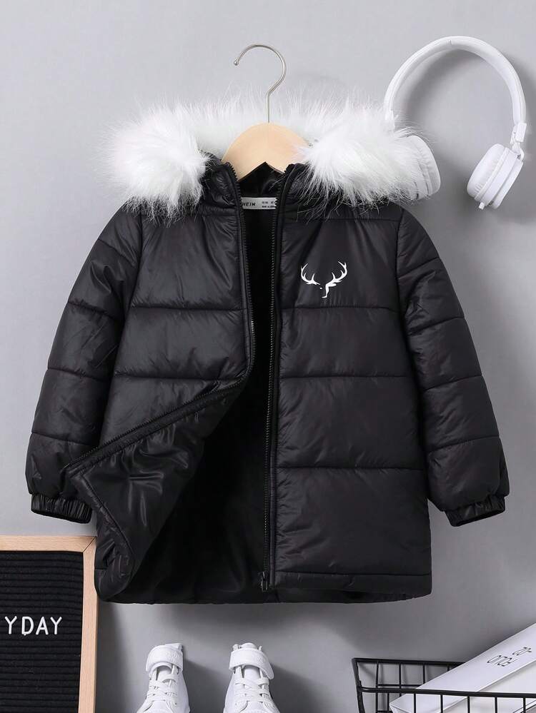 Young Boy 1pc Antler Graphic Fuzzy Trim Hooded Padded Coat