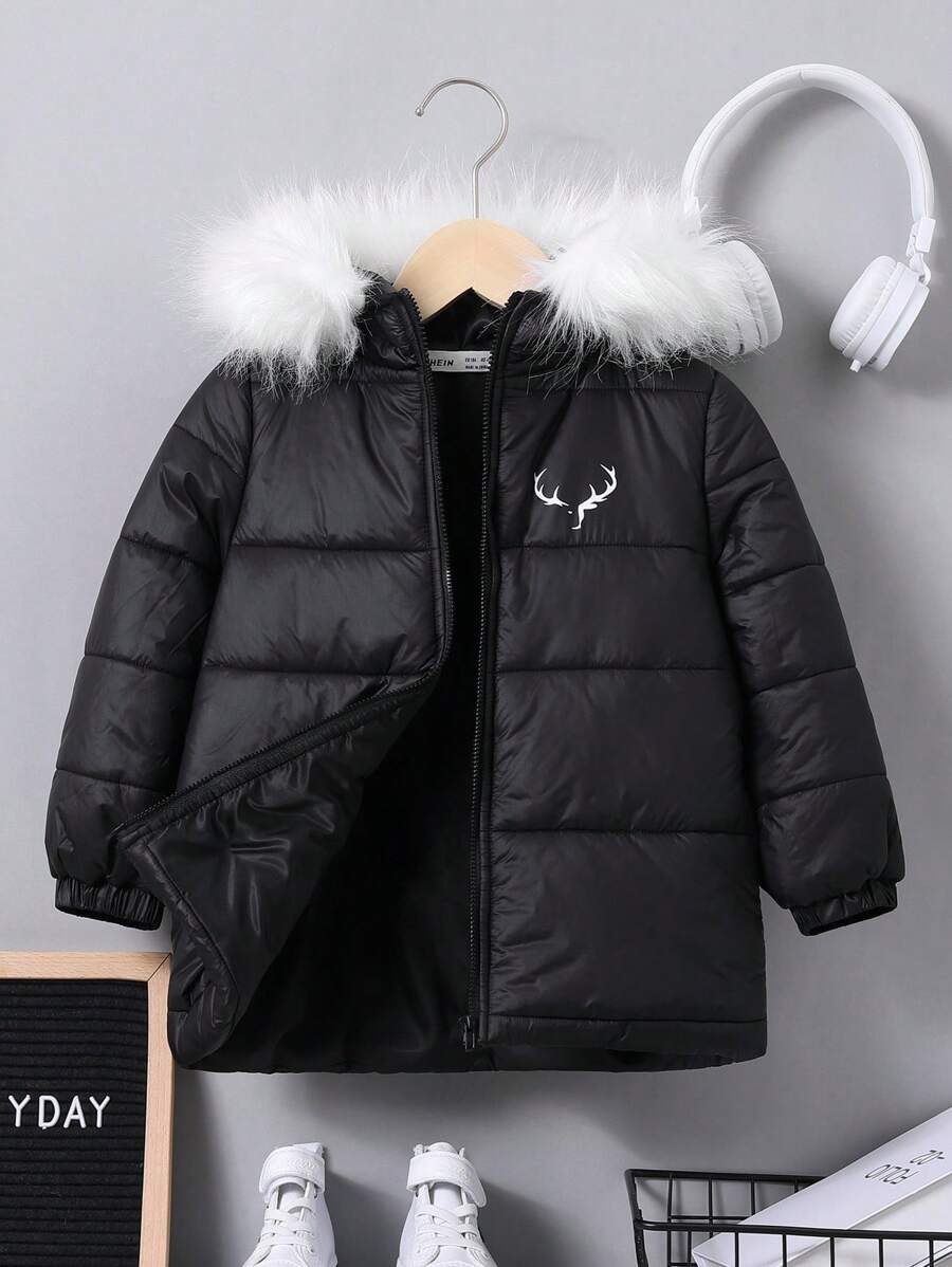 SHEIN Young Boy 1pc Antler Graphic Fuzzy Trim Hooded Padded Coat - Black - View 1