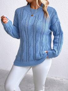 SHEIN Clasi 大碼麻花編織落肩袖套頭毛衣 - 藍色 - 查看 4