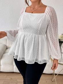 SHEIN Privé Hơn Chấm Swiss Cổ vuông Tay áo lồng đèn Áo sơ mi Peplum - trắng - Xem 3