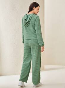 Mulvari unicolor Capucha con cremallera & Pantalones de pierna ancha - Verde - Ver 5