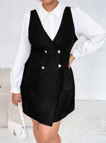 Calvaya Plus Double Breasted Dual Pocket Overall Dress Without Blouse - Black - View 5