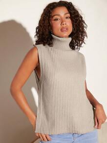 SHEIN BASICS Áo cao cổ Đồ đan Ribbed Áo len vest - Màu be - Xem 1