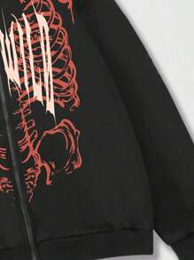 ROMWE MEN Grunge Punk Hombres Capucha con cremallera estampado de esqueleto - Negro - Ver 4
