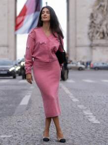SHEIN Frenchy Bow Front Drop Shoulder Cardigan Winter Pink Casual - Pink - View 2