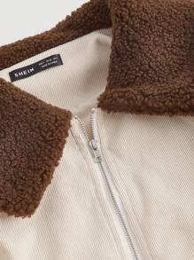 SHEIN MOD Contrast Teddy Panel Zip Up Jacket - Apricot - View 3
