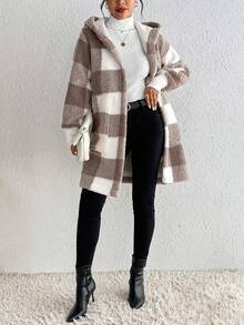 SHEIN Frenchy 大方格圖案連帽法蘭絨外套 - 彩色 - 查看 5