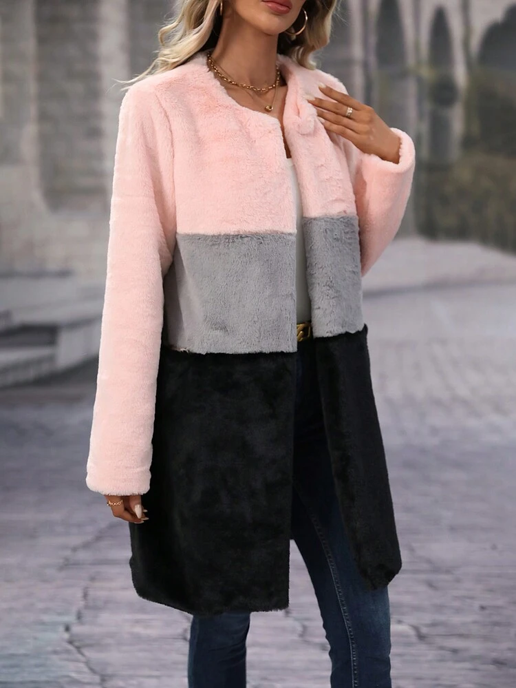 Color Block Open Front Fuzzy Coat Fall Cloth For Women