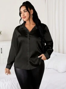 Celure Plus Solid Button Front Satin Shirt - Black - View 4
