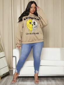 SHEIN SXY Plus Size Cartoon & Slogan Graphic Drop Shoulder Drawstring Sweatshirt - Apricot - View 5