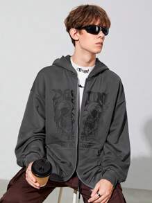 SHEIN Thiếu niên con trai Sọ Và Đồ họa Khẩu hiệu Dây kéo Áo nỉ có mũ - Xám - Xem 1