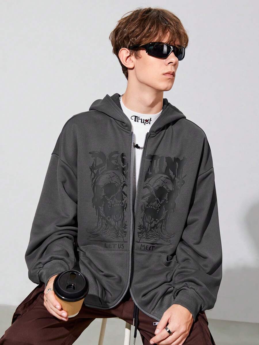 SHEIN Thiếu niên con trai Sọ Và Đồ họa Khẩu hiệu Dây kéo Áo nỉ có mũ - Xám - Xem 1