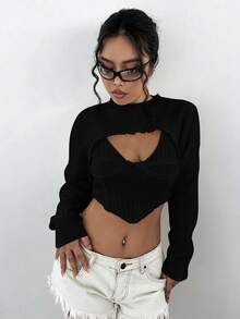 SHEIN Unity Chất rắn Áo thun dệt kim Cami & Siêu crop Áo len - màu đen - Xem 3