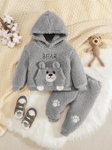 SHEIN Bé trai Thêu Chữ Thiết kế tai 3D Teddy Hoodie & Quần - Xám - Xem 1
