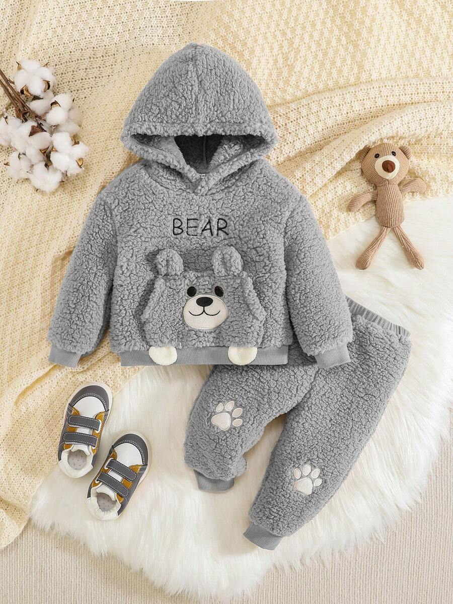 SHEIN Bé trai Thêu Chữ Thiết kế tai 3D Teddy Hoodie & Quần - Xám - Xem 1