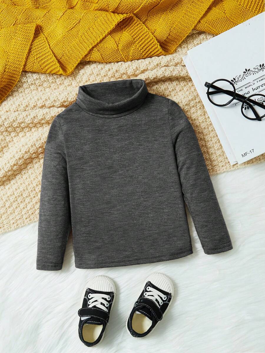 SHEIN 經典基本款休閒高領長袖上衣,適用於男嬰 - 深灰色 - 查看 1