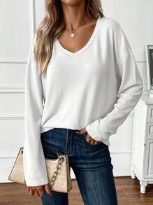 SHEIN LUNE 素色落肩T恤 - 白色 - 查看 4